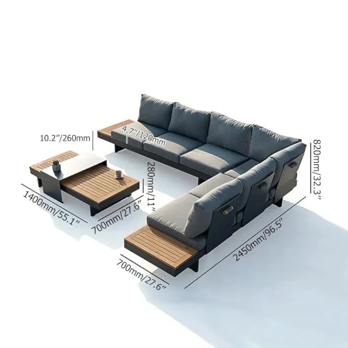 homary Outdoor Conversation Sets, 6 Piece Aluminum & Teak Patio Sectional Sofa Set with Adjustable Backrests, Waterproof Cushions, Ideal for Patios & Balconies