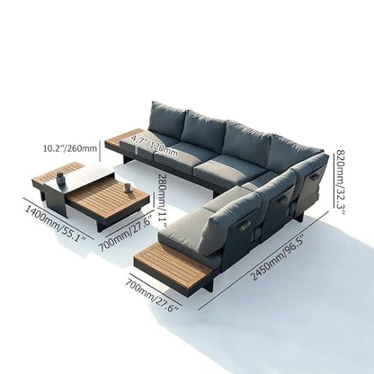 homary Outdoor Conversation Sets, 6 Piece Aluminum & Teak Patio Sectional Sofa Set with Adjustable Backrests, Waterproof Cushions, Ideal for Patios & Balconies