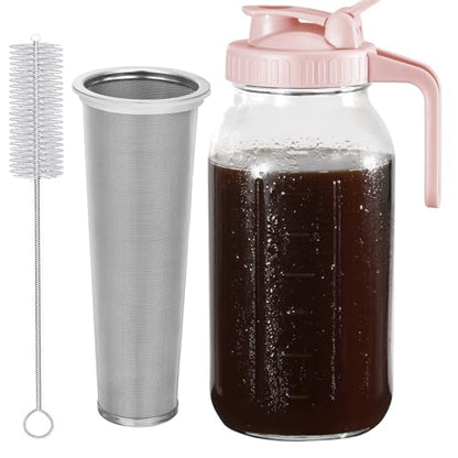 Glyntrof Cold Brew Coffee Maker Pitcher, Pink 64 Oz Heavy Duty Wide Mouth Glass Mason Jar pour spout Lid with Stainless Steel Filter for Iced Coffee, Ice Drinks