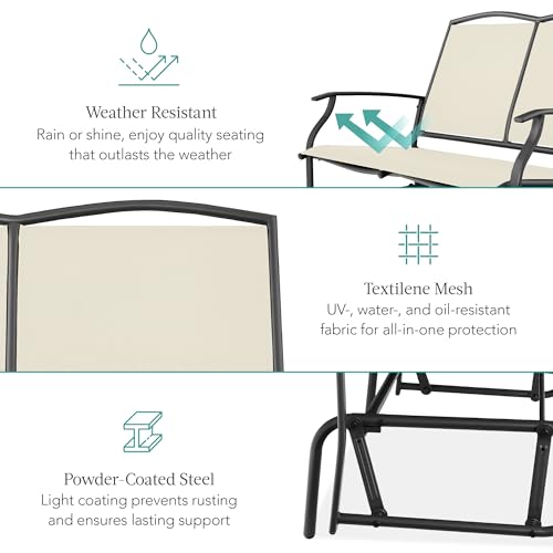 Best Choice Products 2-Person Outdoor Patio Swing Glider Steel Bench Loveseat Rocker for Deck, Porch w/Textilene Fabric, Steel Frame - Ivory/Gray