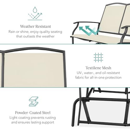 Best Choice Products 2-Person Outdoor Patio Swing Glider Steel Bench Loveseat Rocker for Deck, Porch w/Textilene Fabric, Steel Frame - Ivory/Gray