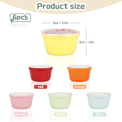 Ramekins with Lids 8 Oz - Set of 6, Ceramic Souffle Creme Brulee Ramekins with Covers, Colorful Custard Cups for Baking, Ceramic Custard Cups Safe and Dishwash Safe