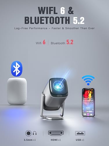 [Compatible with Netflix & TOF Real-time Focus] Mini Projector with WiFi and Bluetooth, XuanPad Silver Smart Projector 4K Support, Dolby Audio & Keystone, 210° Rotatable Stand for Home