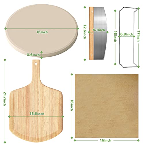 5 PCS Large Pizza Stone Set,Heavy Duty 16" Pizza Stone for Oven and Grill with Handle Rack,Pizza Peel(OAK), Pizza Cutter Rocker & Cooking Paper,Large Baking Stone for Pizza, Bread
