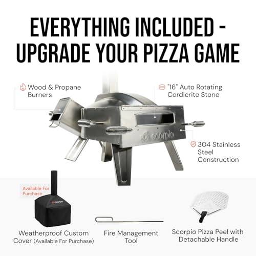 SCORPIO Pizza Oven - Dual Fuel Wood & Propane Portable Outdoor Pizza Oven with 16” Rotating Stone - 90 Second Cook at 850-900°F- Ultra Durable 304 Stainless Steel - Ceramic Viewing Window