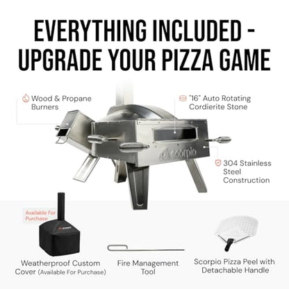 SCORPIO Pizza Oven - Dual Fuel Wood & Propane Portable Outdoor Pizza Oven with 16” Rotating Stone - 90 Second Cook at 850-900°F- Ultra Durable 304 Stainless Steel - Ceramic Viewing Window