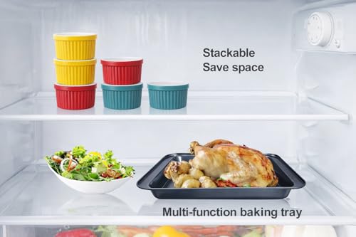 Ramekins set Mother’s Day Gift Set Creme Brulee Making Kit - COLORED 6 Porcelain Ramekins 6 Oz With Silicone Lids - 304 Stainless Steel Lifting Rack And 9.5" X 14" Baking Pan - Oven Safe