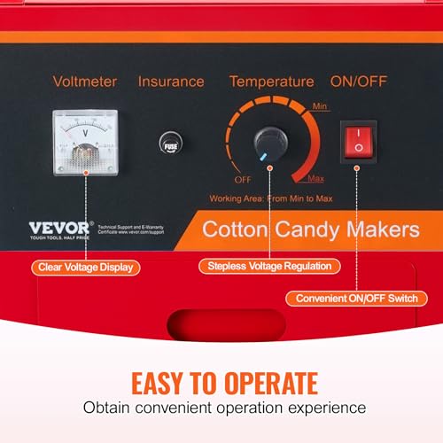VEVOR Electric Cotton Candy Machine Cart with Cover, Commercial Floss Maker w/Stainless Steel Bowl, Sugar Scoop and Drawer, Perfect for Home, Carnival, Kids Birthday, Family Party, Red