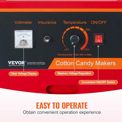 VEVOR Electric Cotton Candy Machine Cart with Cover, Commercial Floss Maker w/Stainless Steel Bowl, Sugar Scoop and Drawer, Perfect for Home, Carnival, Kids Birthday, Family Party, Red