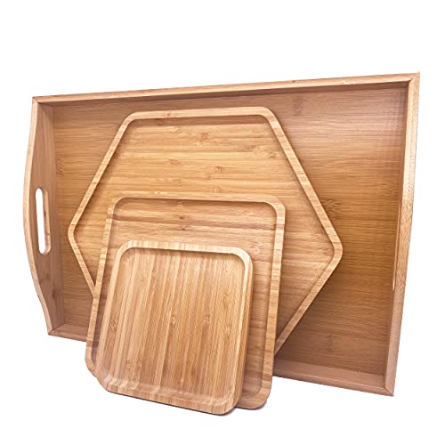 PAFREWOG Bamboo Serving Trays Charcuterie Platter 16.5"x11.8"（42x30cm with Handle, Set Includes 1xHexagon 12.5"(32cm)+1xSquare 7.8"(20cm)+1xSquare 5.9"(15cm) Small Plates for Family Dinner