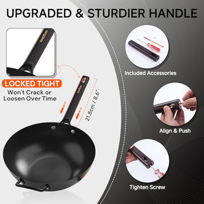 SUMEIGUAN 13.5" Carbon Steel Wok Pan - Pre-Seasoned Flat Bottom Woks & Stir-fry Pans Chinese Cookware with Lid & Spatula - For Pan-fry,Stir Fry, Steam, BBQ & Camping - Compatible with Induction, Gas