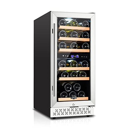 Tylza Mini Fridge 15 Inch Wine Cooler Under Counter, 30 Bottles Dual Zone Wine Fridge with Safty Lock, Wine Refrigerator Freestanding, Built-in Wine Cellars