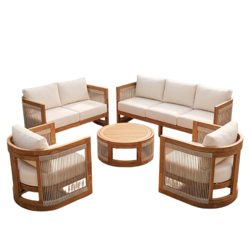 Christopher Knight Home Nylan 7-Seater Patio Furniture Set with Removable Cushion, 5 Piece Outdoor Acacia Wood Conversation Set, Solid Wood Outdoor Sectional Sofa Set with Coffee Table, Teak+Beige