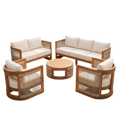 Christopher Knight Home Nylan 7-Seater Patio Furniture Set with Removable Cushion, 5 Piece Outdoor Acacia Wood Conversation Set, Solid Wood Outdoor Sectional Sofa Set with Coffee Table, Teak+Beige