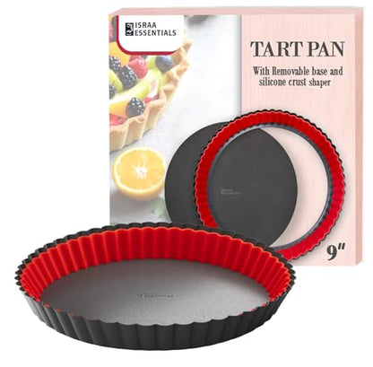 ISRAA ESSENTIALS Fluted Tart Pan 9 inch Removable Bottom-Round Oreo Tart Pan with Crust Shaper Ring-Nonstick Carbon Steel Tart Molds for Baking, Fruit Tart, Pies & Quiche Baking Dish