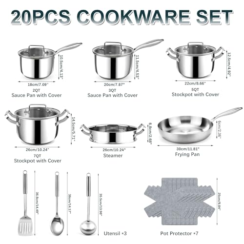 Fruikit Stainless Steel Cookware Set - 20 PCS Pots and Pans Set with 3-Ply Stainless Steel Frying Pan, Professional Kitchen Cooking Set, Induction Compatible, Oven & Dishwasher Safe