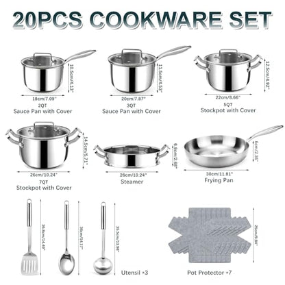Fruikit Stainless Steel Cookware Set - 20 PCS Pots and Pans Set with 3-Ply Stainless Steel Frying Pan, Professional Kitchen Cooking Set, Induction Compatible, Oven & Dishwasher Safe