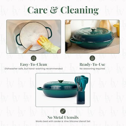 Larder & Vine Enameled Cast Iron Braiser | 3.6 qt Braiser Pan with Lid | Shallow Dutch Oven Compatible on All Cooktops | Casserole Dish Oven Safe to 500° F | Dual Handles | Bondi