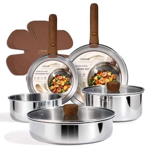 CAROTE 13 PCS Tri-Ply Stainless Steel Cookware Set with Detachable Handle, Pots and Pans Set, Induction Kitchen Cooking Sets, RV/Camping Cookware, Oven Safe