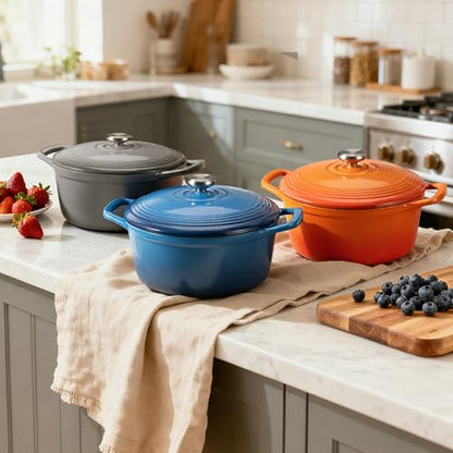 Overmont Enameled Cast Iron Dutch Oven - 5.5QT Pot with Lid Cookbook & Cotton Potholders - Heavy-Duty Cookware for Braising, Stews, Roasting, Sourdough Baking Blue