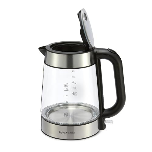 Amazon Basics Electric Kettle with Glass Carafe for Tea and Coffee, BPA-Free, Fast Boiling, Auto Shut-Off, Boil-Dry Protection, Water Level Indicator, 1.7 Liter, 1500W, Black and Silver