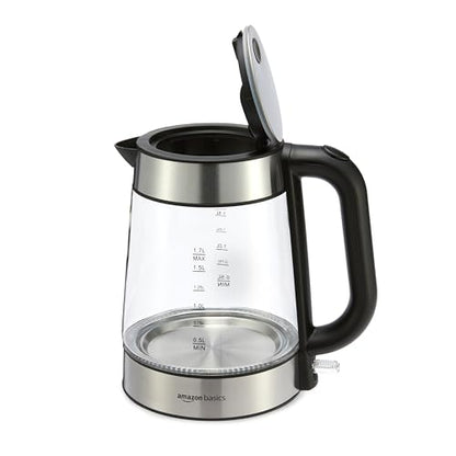 Amazon Basics Electric Kettle with Glass Carafe for Tea and Coffee, BPA-Free, Fast Boiling, Auto Shut-Off, Boil-Dry Protection, Water Level Indicator, 1.7 Liter, 1500W, Black and Silver