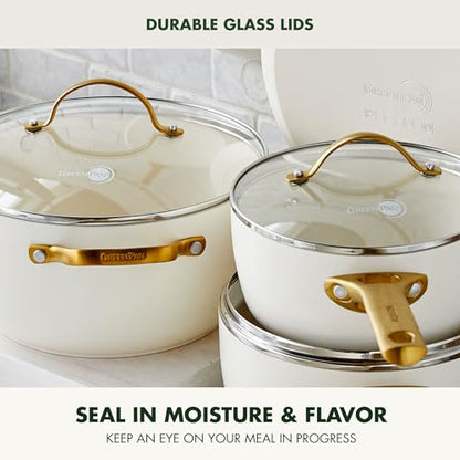 GreenPan Hard Anodized Healthy Ceramic Nonstick 10 Piece Cookware Pots and Pans Set, Gold-Tone Stainless Steel Handles, PFAS & PFOA-Free, Dishwasher Safe, Oven & Broiler Safe, Cream White
