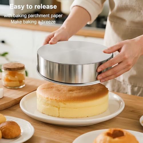 AWTBDP 8 Inch Cake Pan Set of 2, Nonstick Stainless Steel Round Layer Cake Baking Pans with 100PCS Parchment Papers, Circle Cake Pan Tins for Birthday Christmas, Non-Toxic & Healthy, Dishwasher Safe