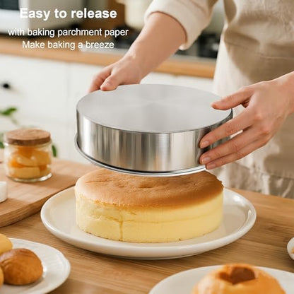 AWTBDP 8 Inch Cake Pan Set of 2, Nonstick Stainless Steel Round Layer Cake Baking Pans with 100PCS Parchment Papers, Circle Cake Pan Tins for Birthday Christmas, Non-Toxic & Healthy, Dishwasher Safe