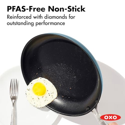 OXO Enhanced 10” Nonstick Frying Pan Skillet, Ceramic PFAS-Free Cookware, Stainless Steel Handle, Eggs & Omelets, Dishwasher & Oven Safe, Storm Blue