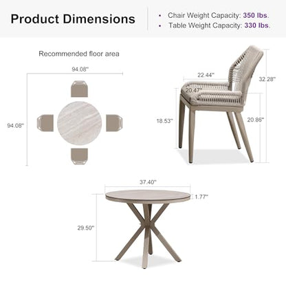 PURPLE LEAF 5 Pieces Round Dining Set Patio Aluminum Modern Round Table and Wicker Chairs with Cushions for Kitchen Porch Garden Outdoor Furniture Sets, Champagne