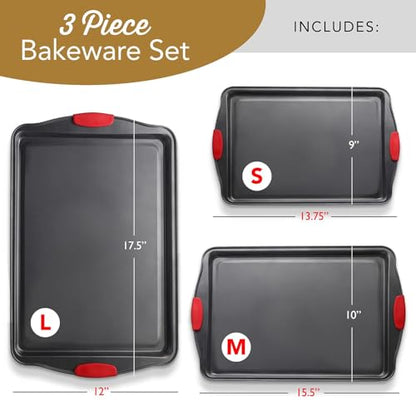 Baking Sheet Set, 3-Piece Cookie Sheet Set with Silicone Handles, Steel Baking Pans Set, Durable Baking Sheets for Oven, BPA Free Cookie Sheets for Baking Nonstick Set, Sheet Pan - Black Baking Pan