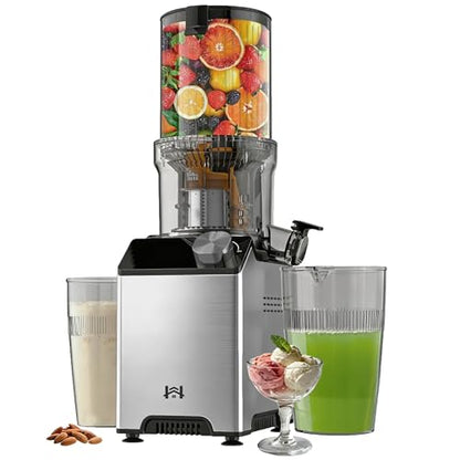 WHUTO Cold Press Juicer, Wide Feed Chute Juicer Machines, Stainless Steel Slow Masticating Juicers Easy to Clean, Vegetables & Fruits Juice Extractor, High Juice Yield, Gray Knob