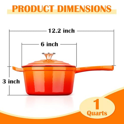 E-far Enameled Cast Iron Sauce Pan with Lid, 1 Quart Dutch Oven Saucepan, Mini Sauce Pot for Cooking, Boiling, Healthy & Non Toxic, Induction & Oven Safe, Orange