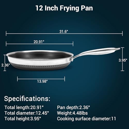 Legacy Culinaryware 12 Inch Tri-Ply Stainless Steel Hybrid Frying Pan with Lid - Ceramic Nonstick Skillet, Induction & Oven Safe 600°F, PFAS/PFOA Free Professional Clad Cookware