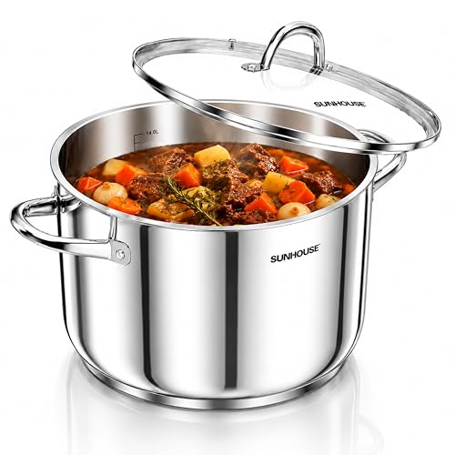 Sunhouse Stock Pot with Lid - 16 QT Large Pot for Cooking Pasta, Soup, Spaghetti - Impact Bonding Base Big Stainless Steel Pots for Canning, Boiling - Oven Safe & Induction Compatible Cookware
