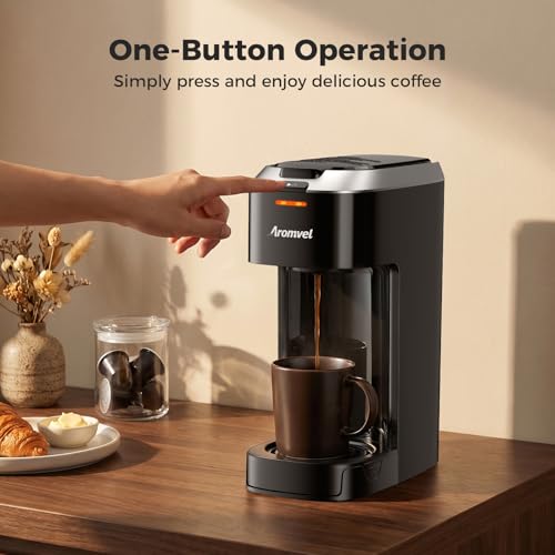Aromvel Single Serve Coffee Maker for K Cup Pods, One Button Coffee Maker, 6-14oz Brew Sizes, Fits Travel Mug, Compact for Small Kitchen, Office, Dorm, RV, Silver