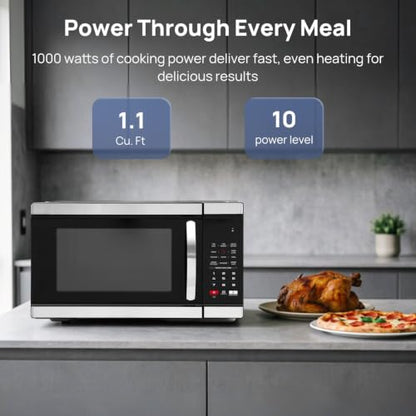 Smad Countertop Microwave Oven 1000 Watts, Digital Ovens 1.1 Cu. Ft with 10 Power Levels, 6 One-Touch Presets, Express Cooking, Eco Mode, Child Lock, Easy Clean, Large Capacity, Stainless Steel Black