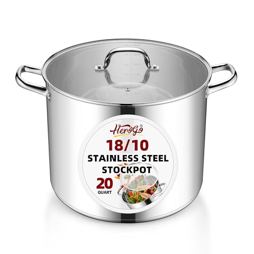 Herogo 20-Quart 18/10 Stainless Steel Stock Pot with Lid, Large Heavy Duty Soup Pot Compatible with Electric, Gas, Induction and Gas Cooktops, Non-Toxic & Corrosion Resistant, Dishwasher Safe