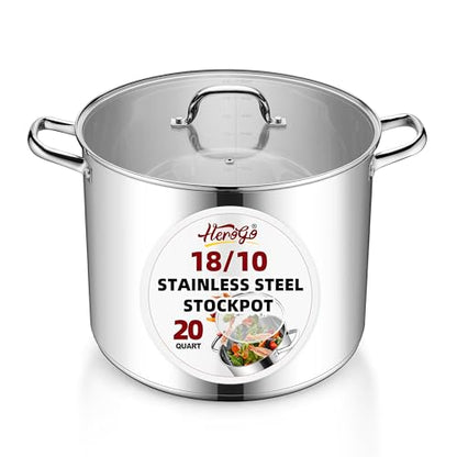 Herogo 20-Quart 18/10 Stainless Steel Stock Pot with Lid, Large Heavy Duty Soup Pot Compatible with Electric, Gas, Induction and Gas Cooktops, Non-Toxic & Corrosion Resistant, Dishwasher Safe