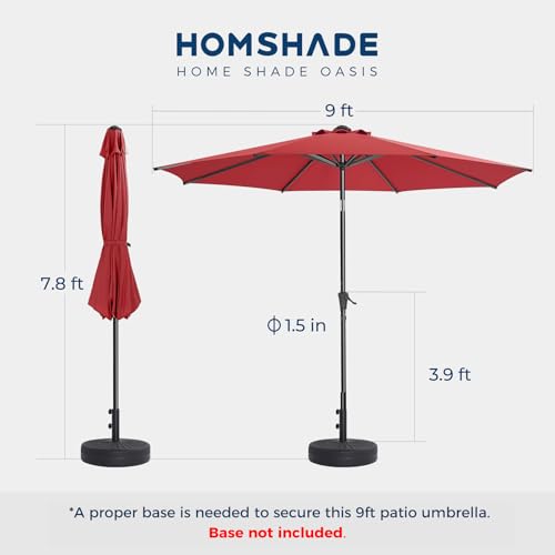 HOMSHADE 9ft Outdoor Patio Umbrella - Market Table Pool Deck Umbrella UPF50+ UV Protection with Push Button Tilt, Crank and 8 Sturdy Ribs (Red, No base)