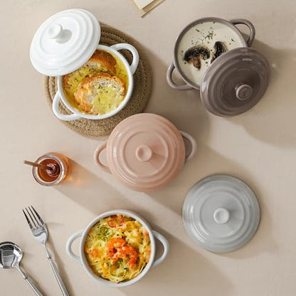 MALACASA Mini Cocotte Set - 12 OZ Small Casserole Dishes for Oven with Lids and Handles, Ramekins Oven Safe, Ceramic Mini Dutch Oven Set of 4, Microwave & Dishwasher Safe, Multicolor, Series TARA