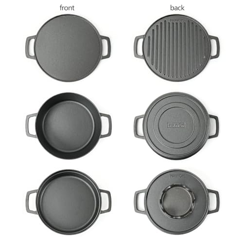 HAWOK 5 piece Stove Set, Pre-Seasoned Cast Iron Charcoal Grill Stove with 4QT Dutch Oven, with Multipurpose Lid, Five-Leg Buffet Tray, Multipurpose BBQ Stove Set