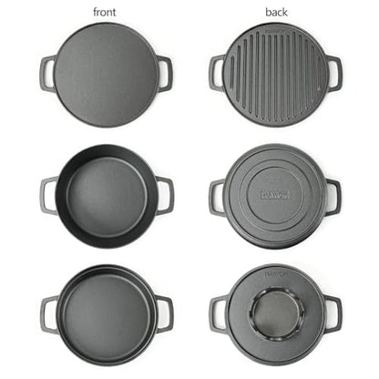 HAWOK 5 piece Stove Set, Pre-Seasoned Cast Iron Charcoal Grill Stove with 4QT Dutch Oven, with Multipurpose Lid, Five-Leg Buffet Tray, Multipurpose BBQ Stove Set