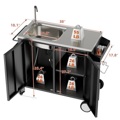 ahomrt Outdoor Grill Table with Sink, Grill Cart with 304 Stainless Steel Sink and Cabinet, Outdoor Grill Cart,Outdoor Cart Sink Station with Wheels, L38” x W18” x H35”