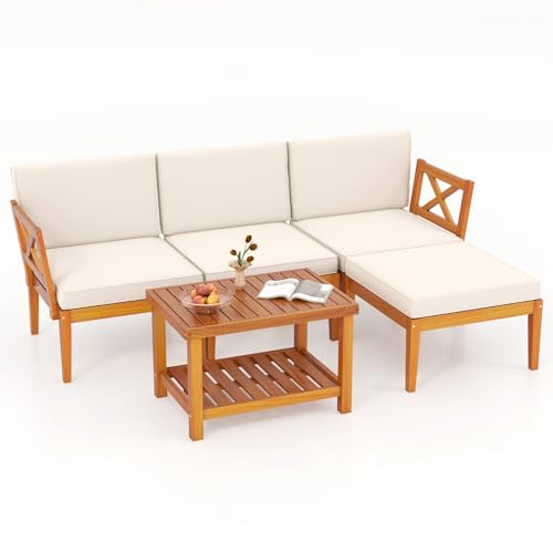 Tangkula L Shaped Outdoor Furniture Set, 5 Pieces Acacia Wood Patio Conversation Set, Modular Outdoor Lounge Sofa Set w/Cushions and Coffee Table for Garden, Backyard, Poolside