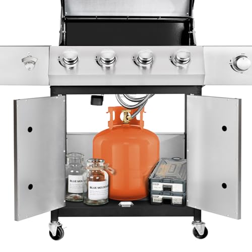 Kendane 4-Burner Propane Gas BBQ Grill with Side Burner, Barbecue Gas Grill with Enameled Cast Iron Grates for Outdoor Patio Garden Barbecue, 53,000 BTU, Stainless Steel Grill Cover included