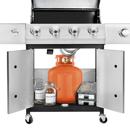 Kendane 4-Burner Propane Gas BBQ Grill with Side Burner, Barbecue Gas Grill with Enameled Cast Iron Grates for Outdoor Patio Garden Barbecue, 53,000 BTU, Stainless Steel Grill Cover included