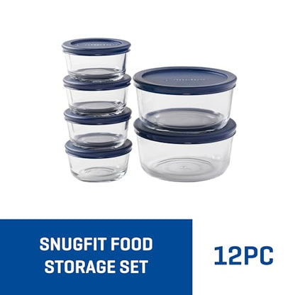 Anchor Hocking 12 Piece Glass Storage Containers with Lids (6 Glass Food Storage Containers & 6 Navy Blue SnugFit Lids)