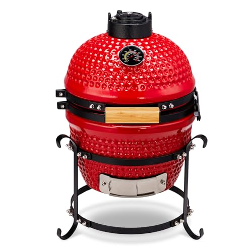 Outvita 13" Round Kamado Charcoal Grill, Portable Ceramic Barbecue Grill with Thermometer for Variations on Cooking Methods(Red)